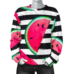 Black Striped Watermelon Pattern Print Women's Crewneck Sweatshirt GearFrost