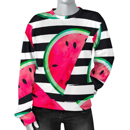 Black Striped Watermelon Pattern Print Women's Crewneck Sweatshirt GearFrost