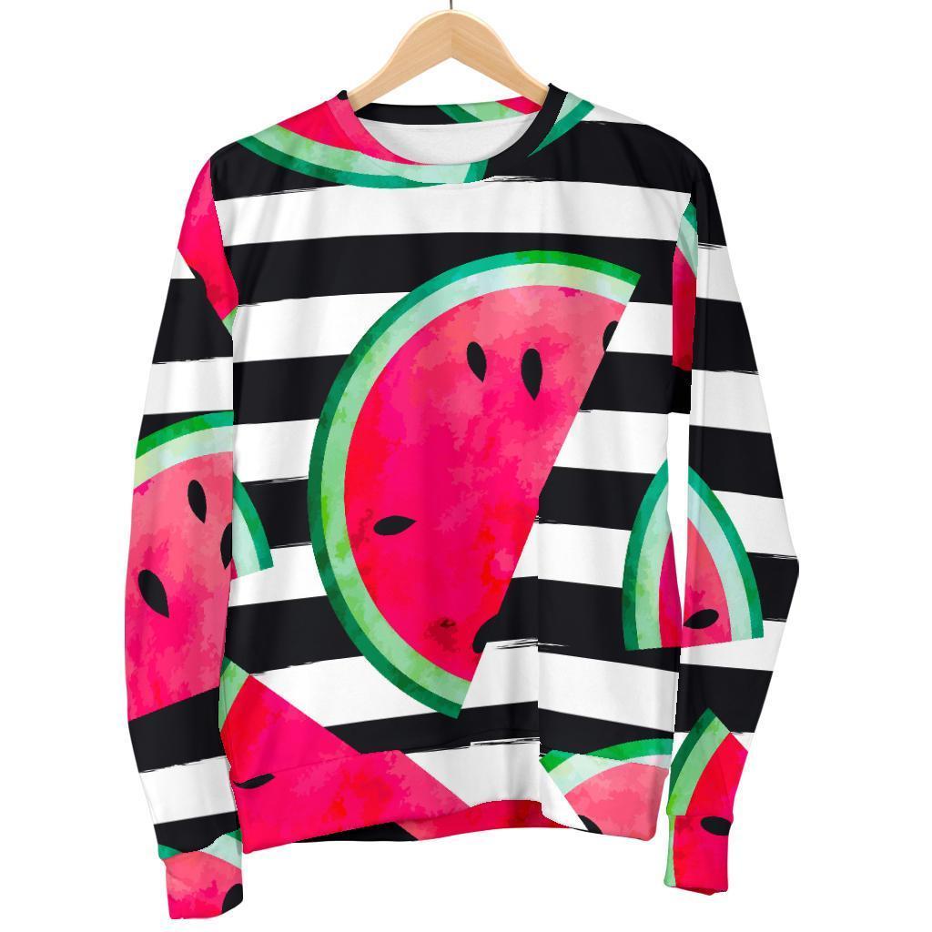 Black Striped Watermelon Pattern Print Women's Crewneck Sweatshirt GearFrost