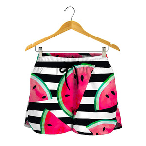 Black Striped Watermelon Pattern Print Women's Shorts