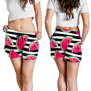 Black Striped Watermelon Pattern Print Women's Shorts