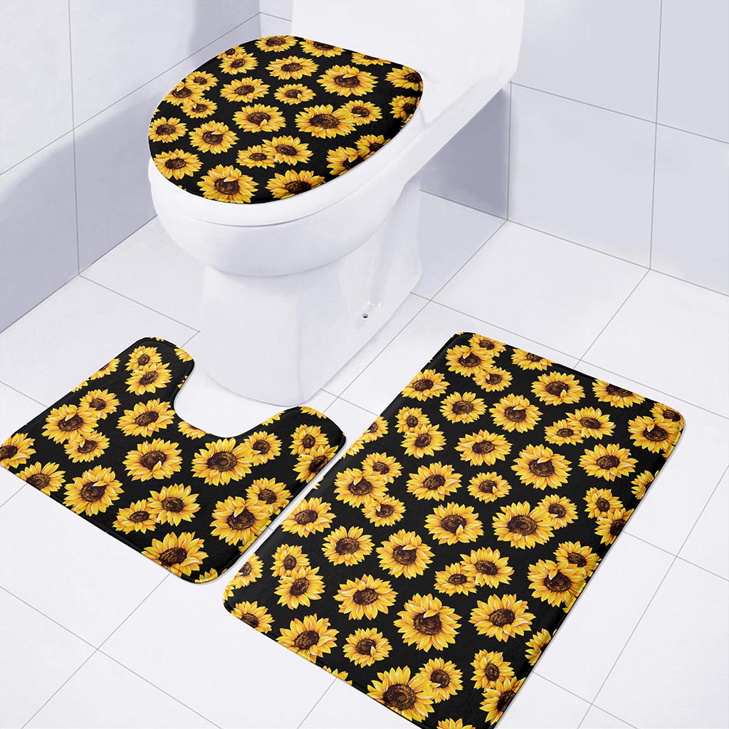 Black Sunflower Pattern Print 3 Piece Bath Mat Set