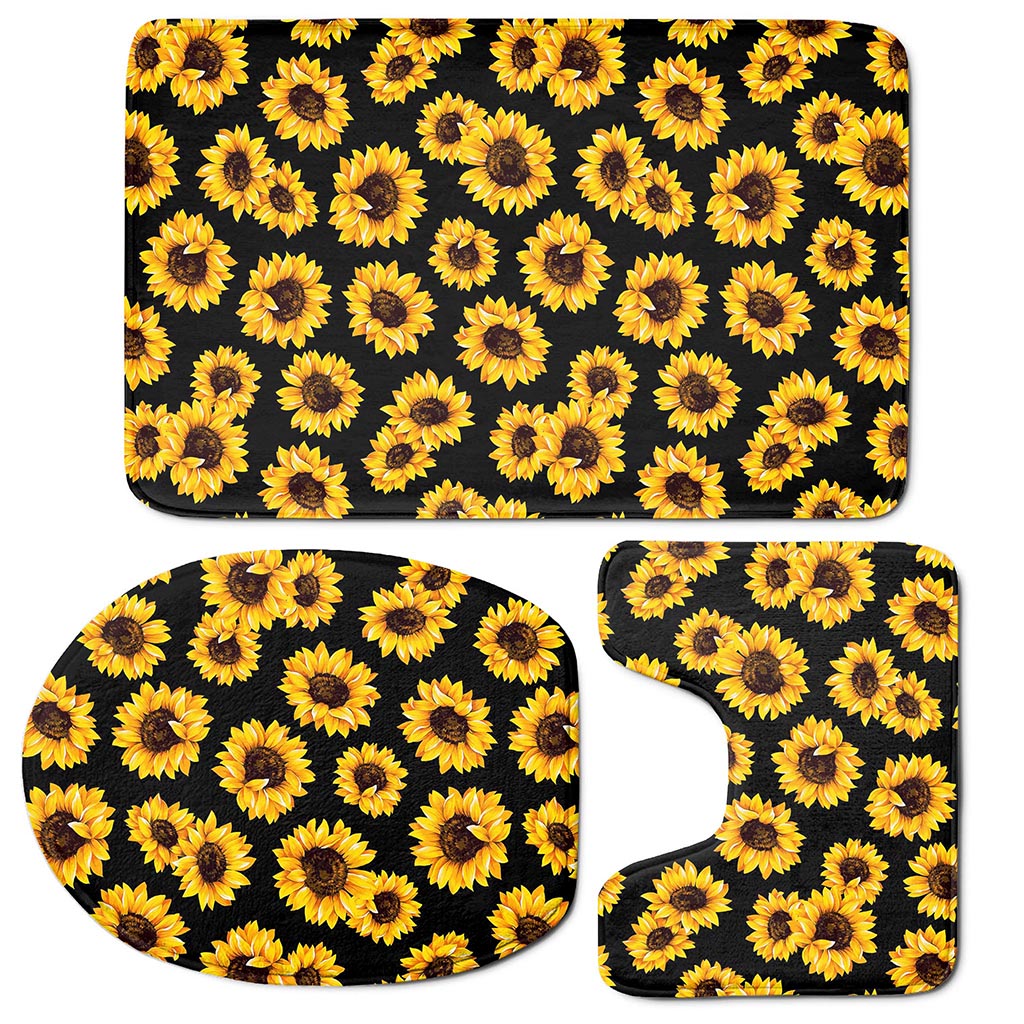 Black Sunflower Pattern Print 3 Piece Bath Mat Set
