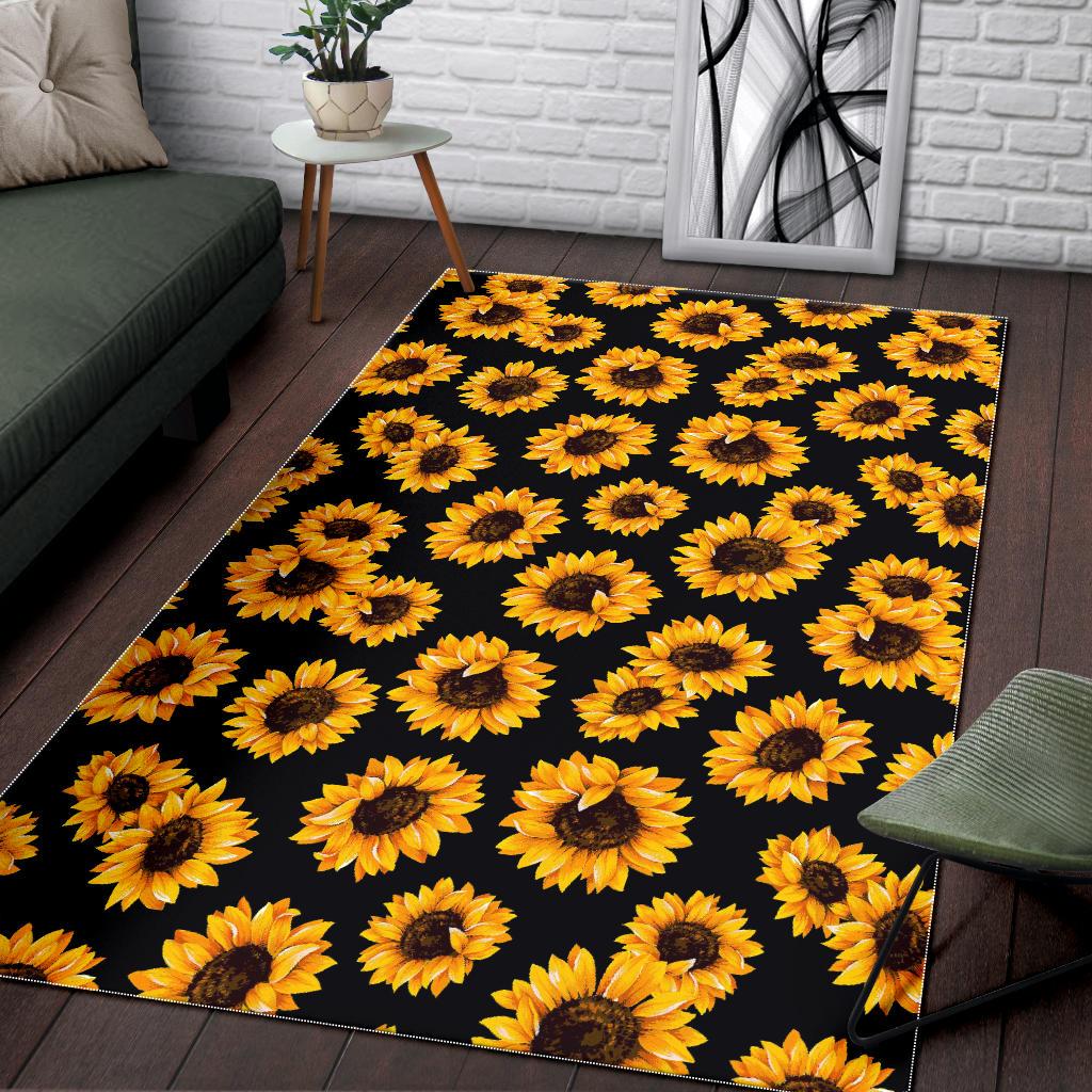 Black Sunflower Pattern Print Area Rug GearFrost