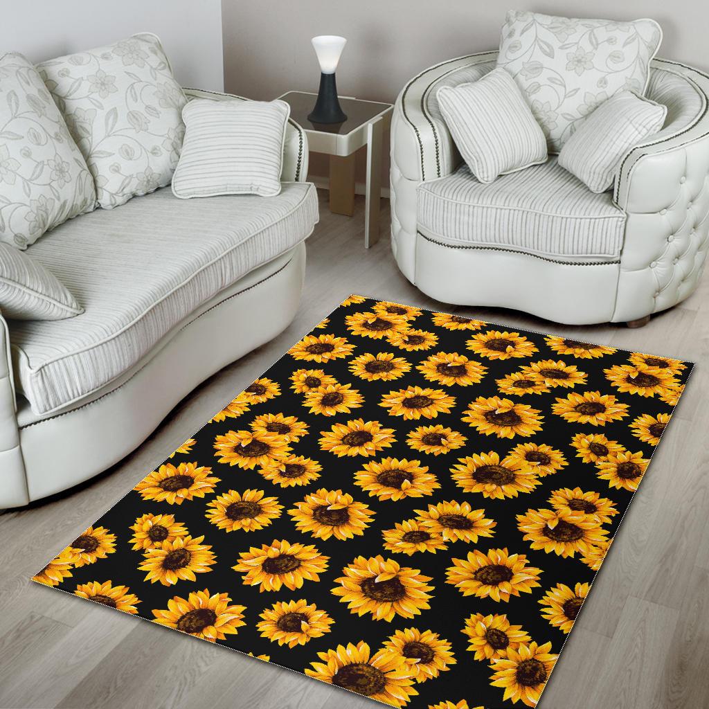 Black Sunflower Pattern Print Area Rug GearFrost