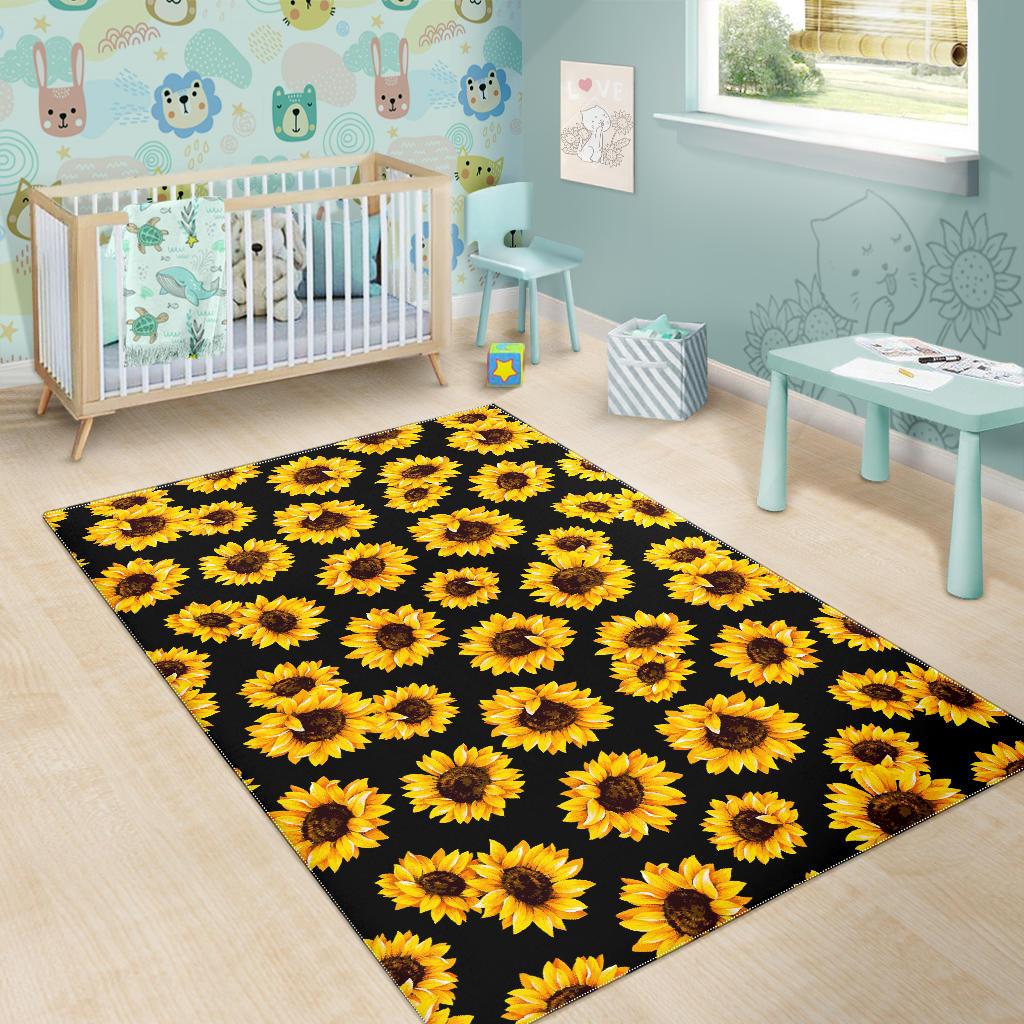 Black Sunflower Pattern Print Area Rug GearFrost