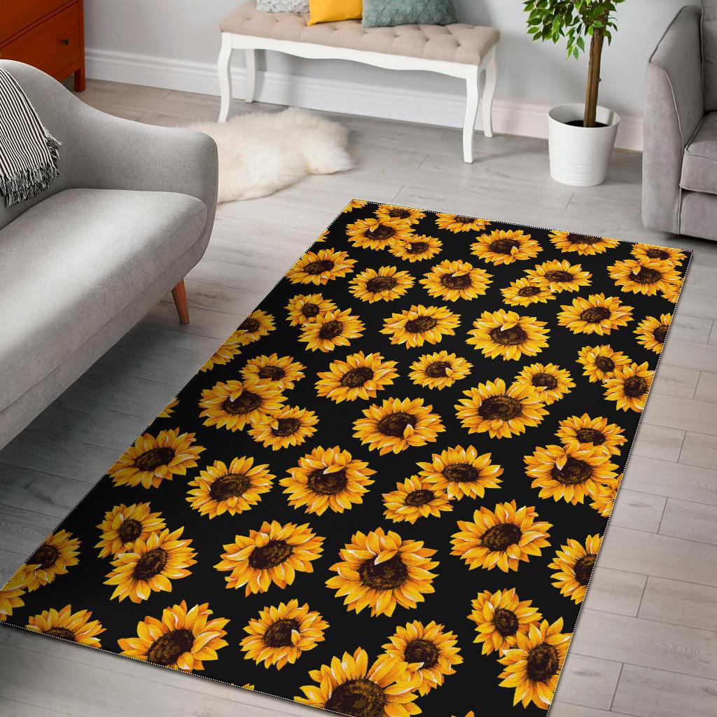 Black Sunflower Pattern Print Area Rug GearFrost