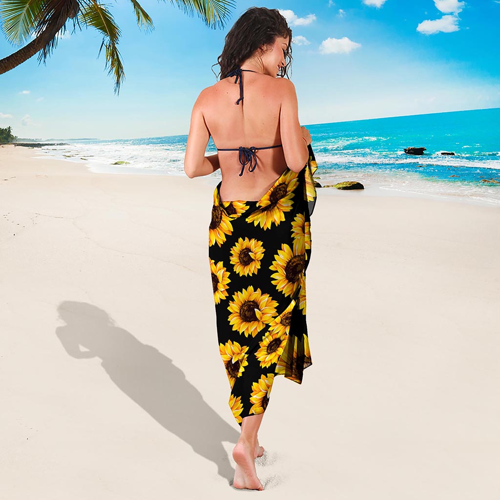 Black Sunflower Pattern Print Beach Sarong Wrap
