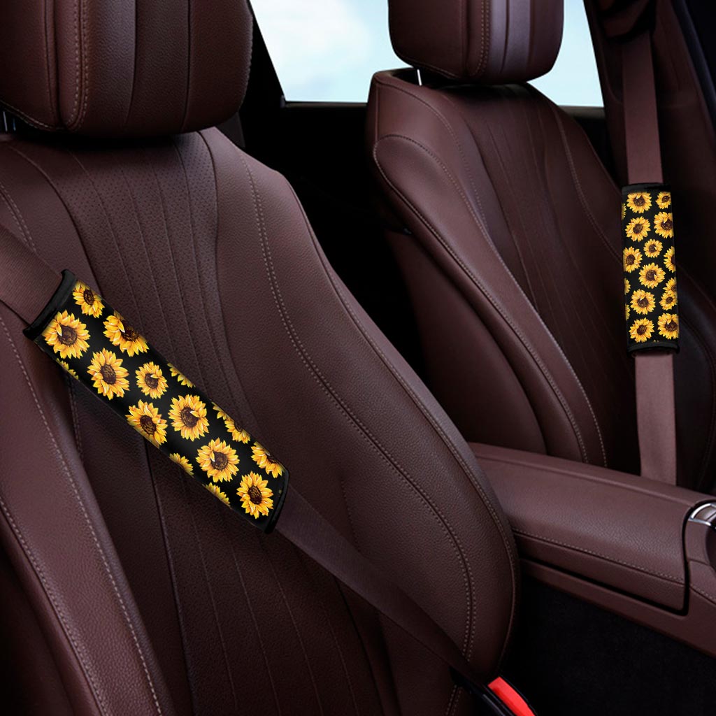 Black Sunflower Pattern Print Car Seat Belt Covers