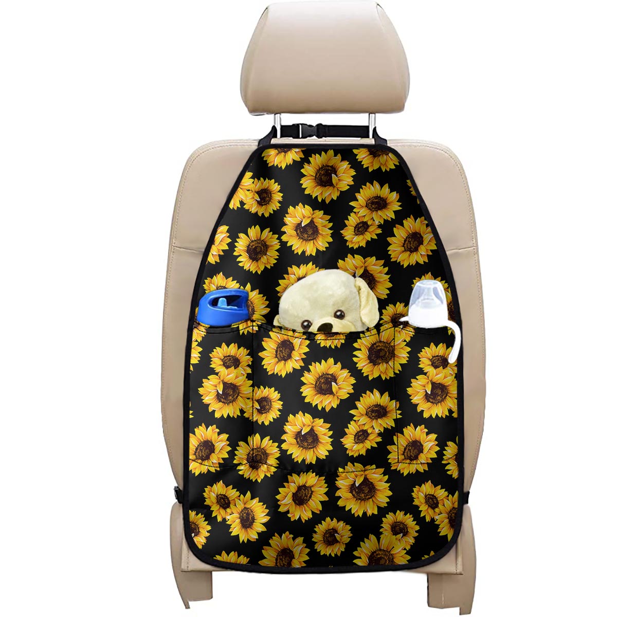 Black Sunflower Pattern Print Car Seat Organizers