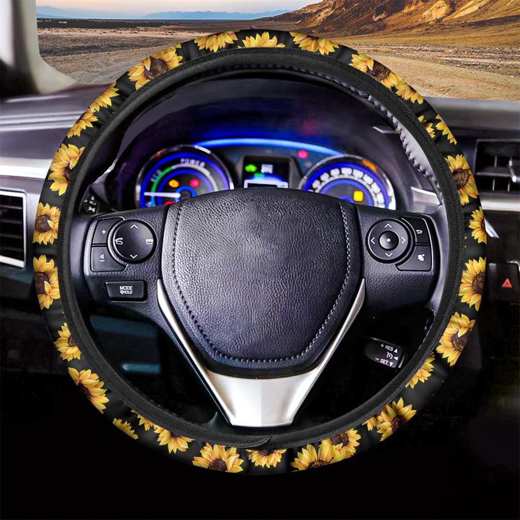 Black Sunflower Pattern Print Car Steering Wheel Cover