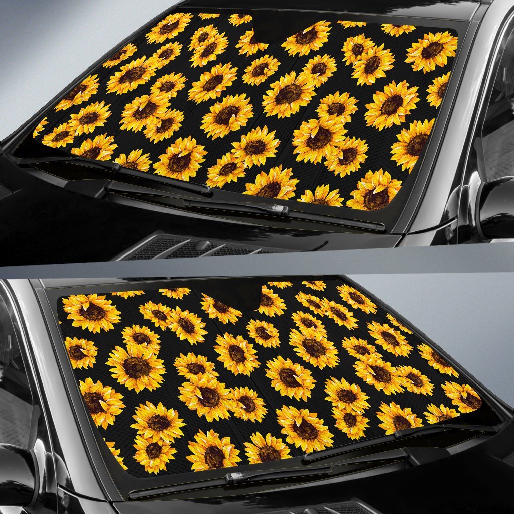 Black Sunflower Pattern Print Car Windshield Sun Shade