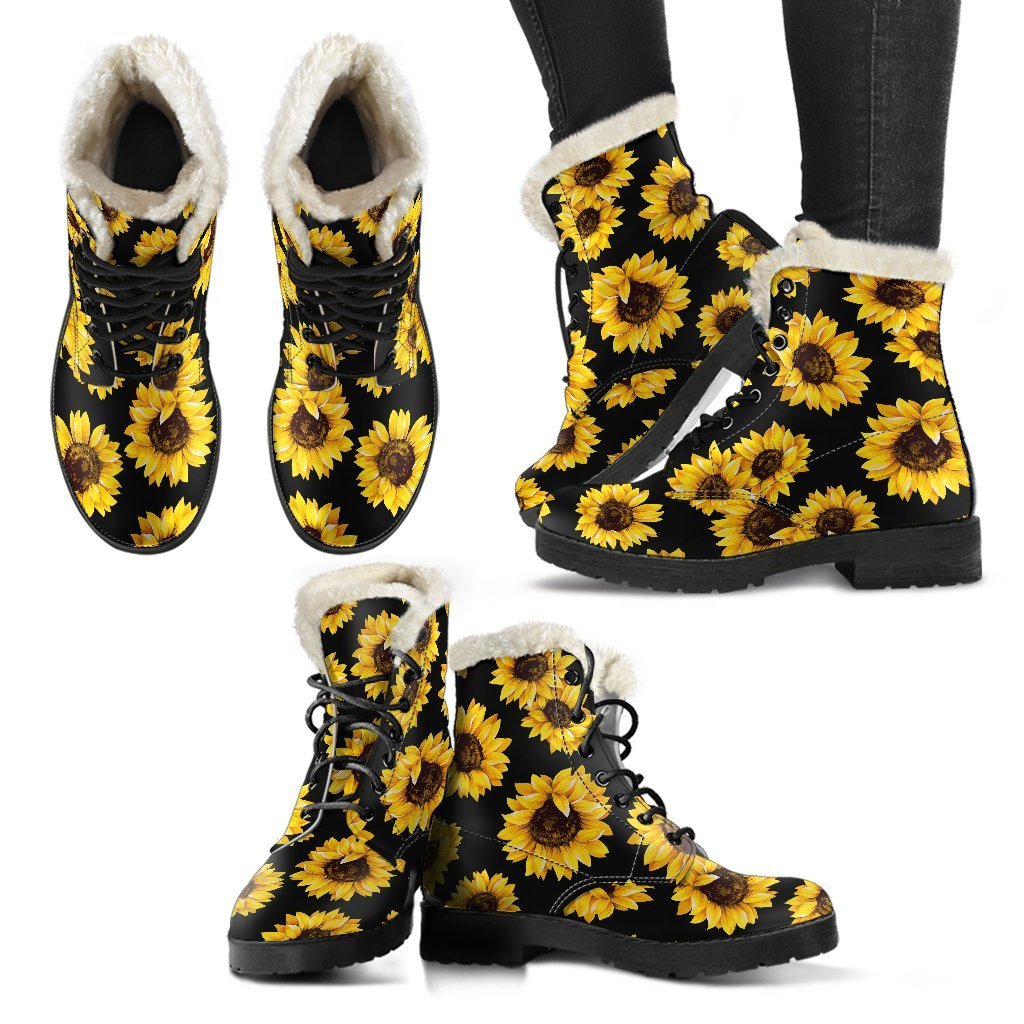 Black Sunflower Pattern Print Comfy Boots GearFrost