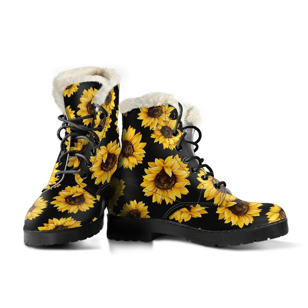 Black Sunflower Pattern Print Comfy Boots GearFrost