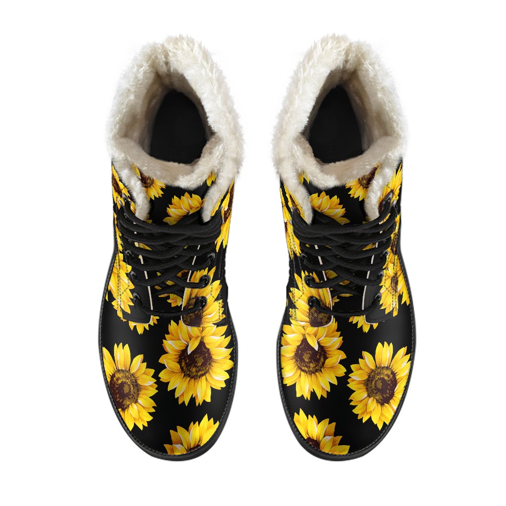 Black Sunflower Pattern Print Comfy Boots GearFrost