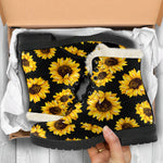 Black Sunflower Pattern Print Comfy Boots GearFrost