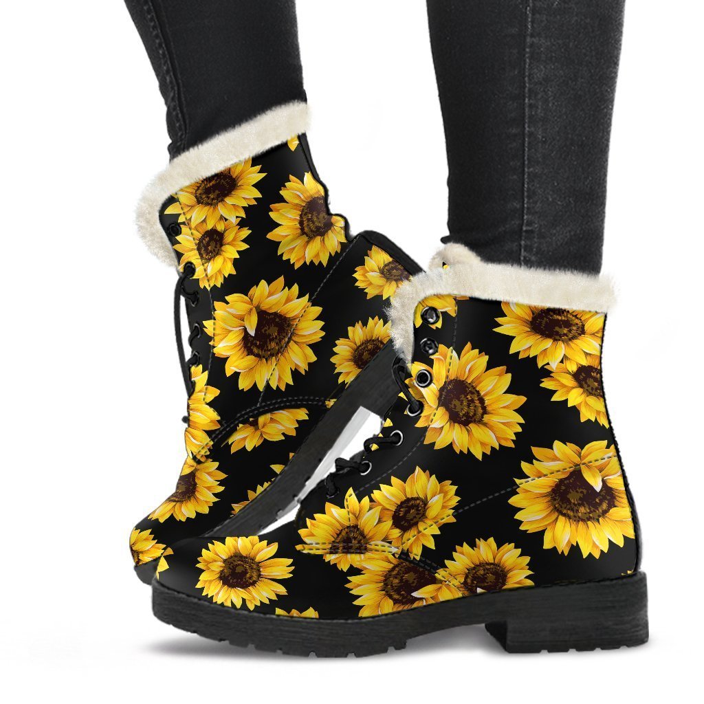 Black Sunflower Pattern Print Comfy Boots GearFrost