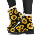 Black Sunflower Pattern Print Faux Fur Leather Boots