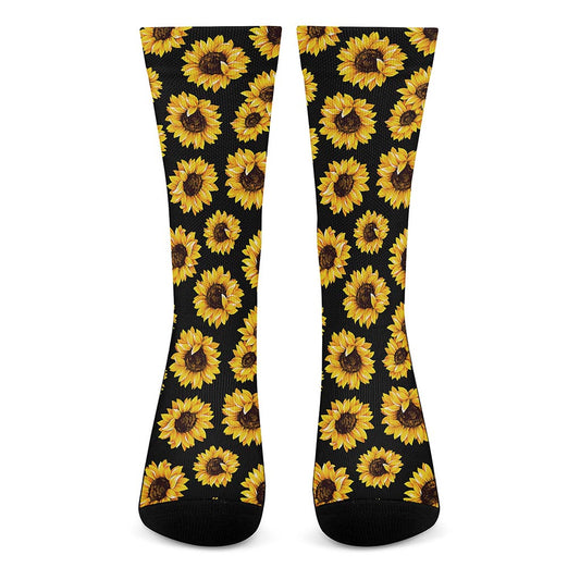 Black Sunflower Pattern Print Crew Socks
