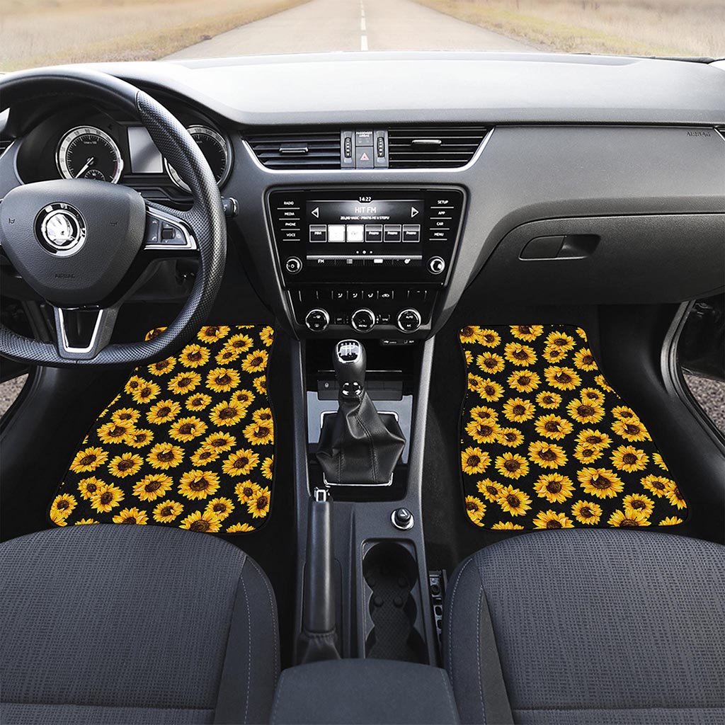 Black Sunflower Pattern Print Front and Back Car Floor Mats