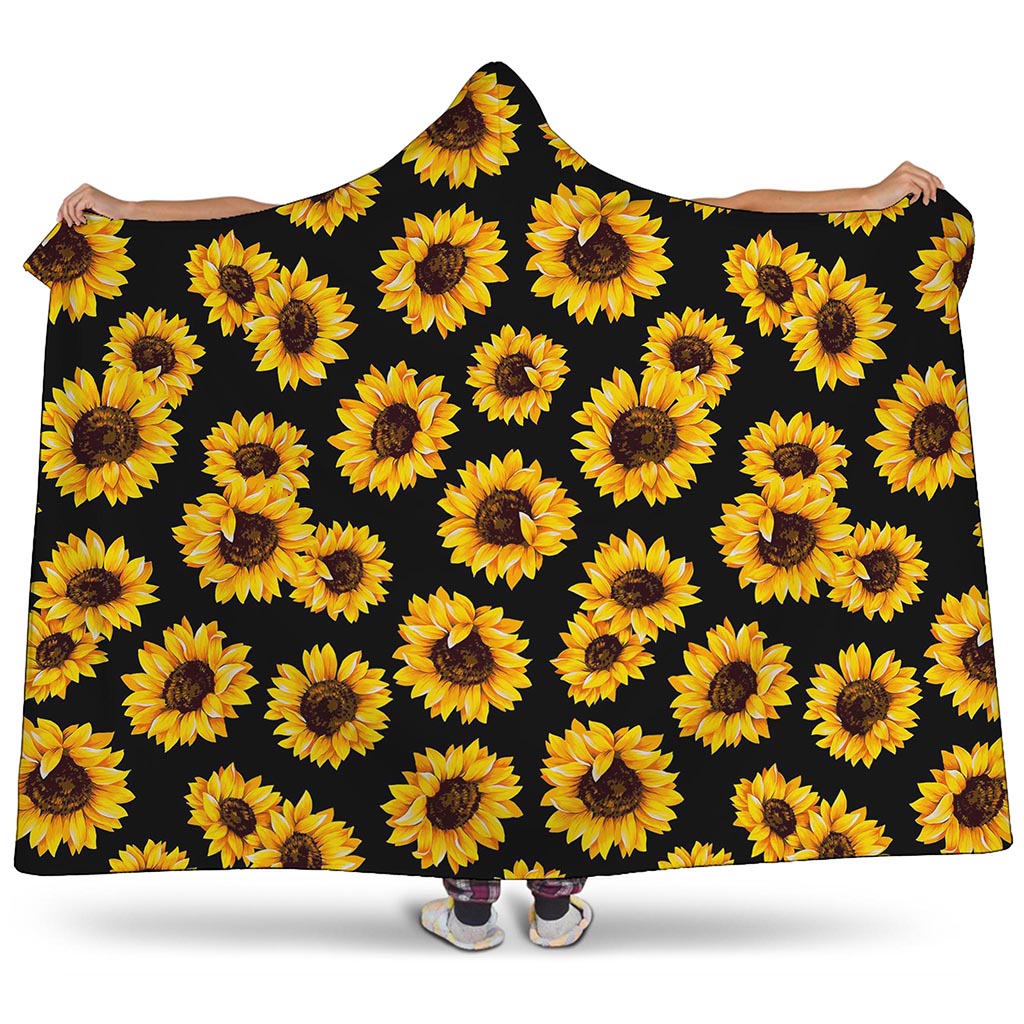 Black Sunflower Pattern Print Hooded Blanket