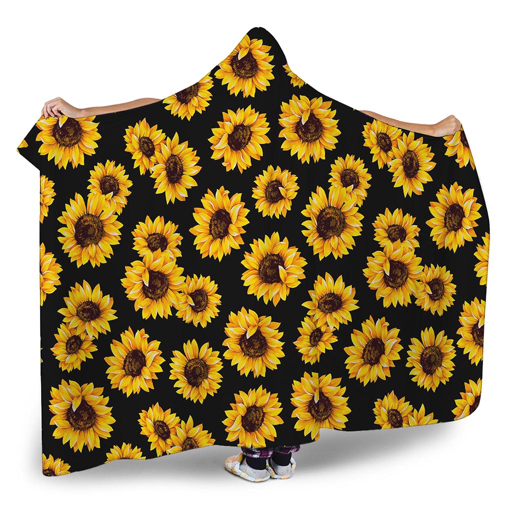 Black Sunflower Pattern Print Hooded Blanket
