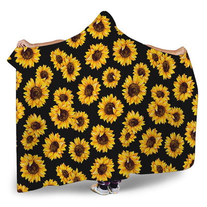 Black Sunflower Pattern Print Hooded Blanket