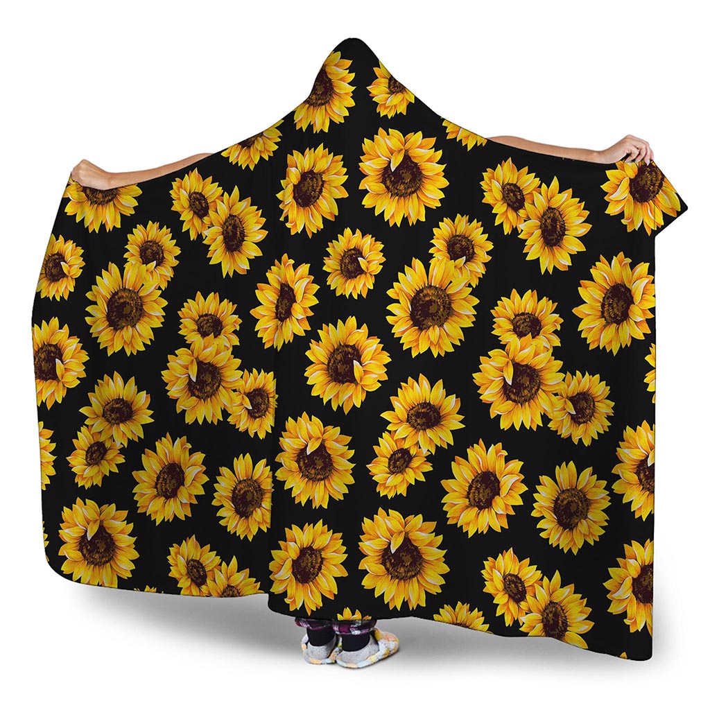 Black Sunflower Pattern Print Hooded Blanket