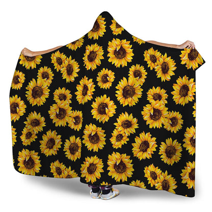Black Sunflower Pattern Print Hooded Blanket