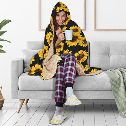 Black Sunflower Pattern Print Hooded Blanket