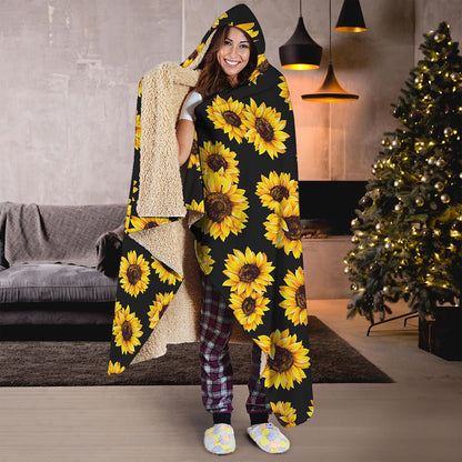 Black Sunflower Pattern Print Hooded Blanket