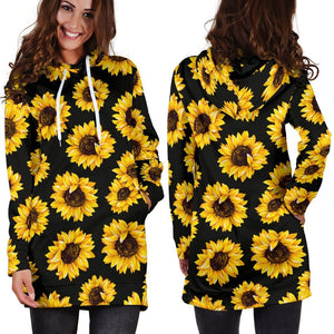 Black Sunflower Pattern Print Hoodie Dress GearFrost