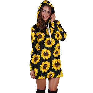 Black Sunflower Pattern Print Hoodie Dress GearFrost