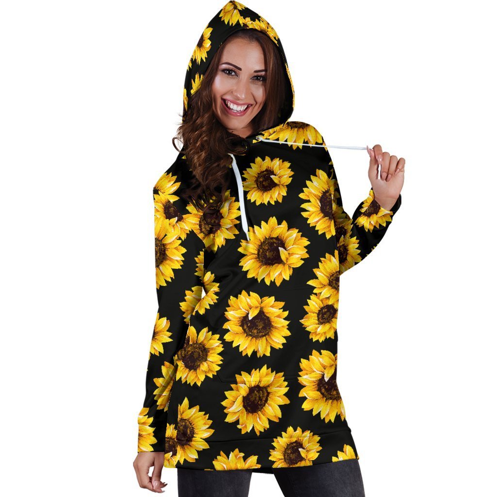 Black Sunflower Pattern Print Hoodie Dress GearFrost