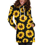 Black Sunflower Pattern Print Hoodie Dress GearFrost