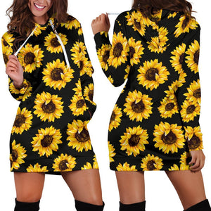 Black Sunflower Pattern Print Hoodie Dress GearFrost