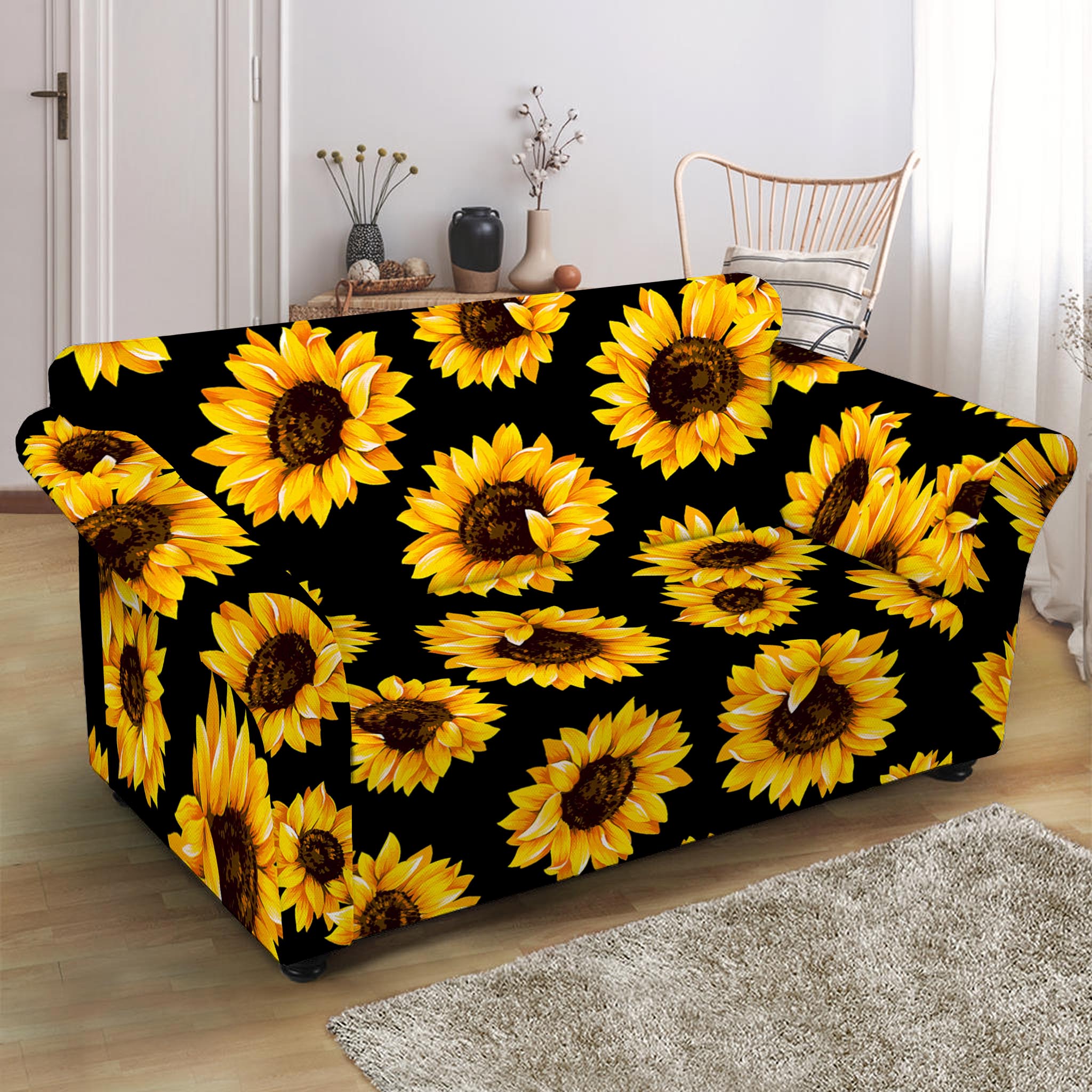 Black Sunflower Pattern Print Loveseat Slipcover
