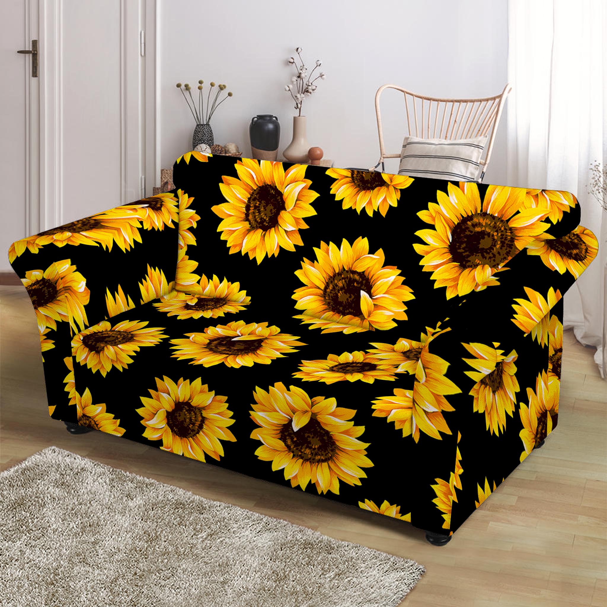 Black Sunflower Pattern Print Loveseat Slipcover