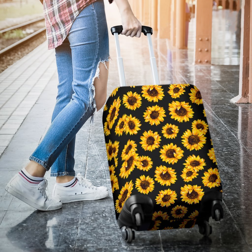 Black Sunflower Pattern Print Luggage Cover GearFrost