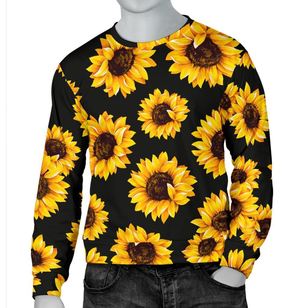 Black Sunflower Pattern Print Men's Crewneck Sweatshirt GearFrost