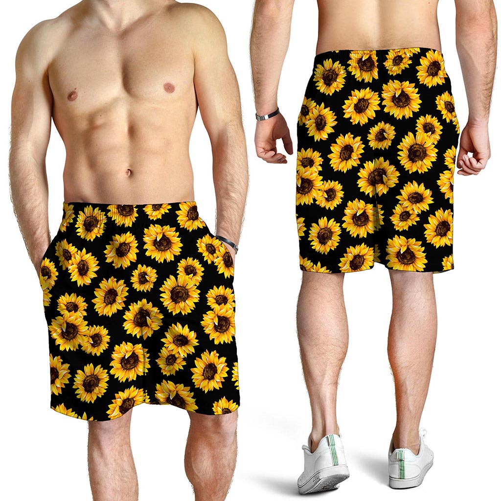 Black Sunflower Pattern Print Men's Shorts