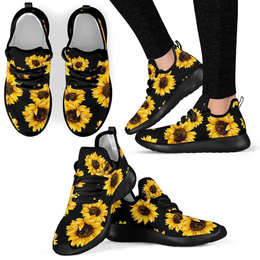 Black Sunflower Pattern Print Mesh Knit Shoes GearFrost