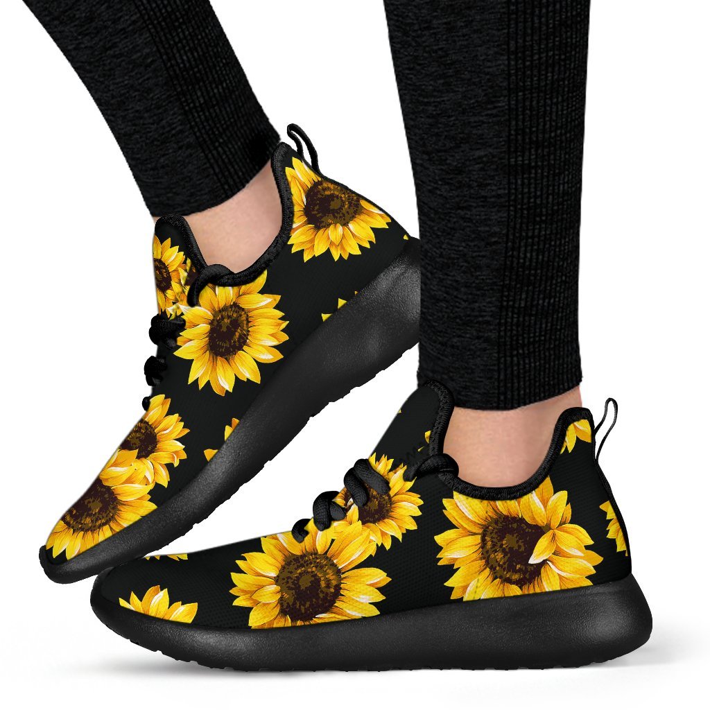 Black Sunflower Pattern Print Mesh Knit Shoes GearFrost