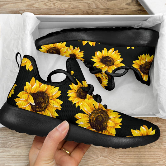 Black Sunflower Pattern Print Mesh Knit Shoes GearFrost