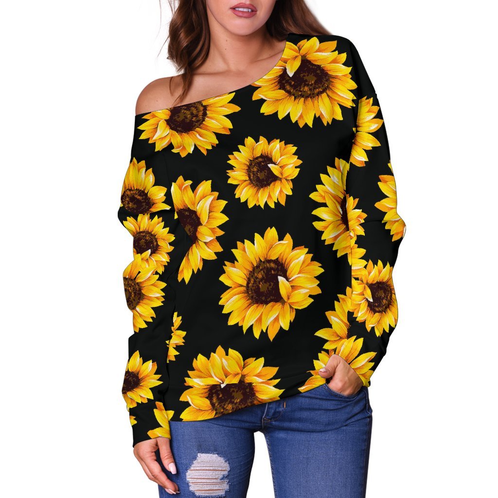Black Sunflower Pattern Print Off Shoulder Sweatshirt GearFrost
