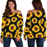 Black Sunflower Pattern Print Off Shoulder Sweatshirt GearFrost