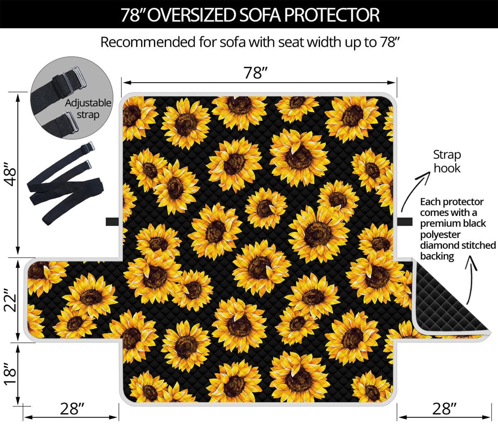 Black Sunflower Pattern Print Oversized Sofa Protector