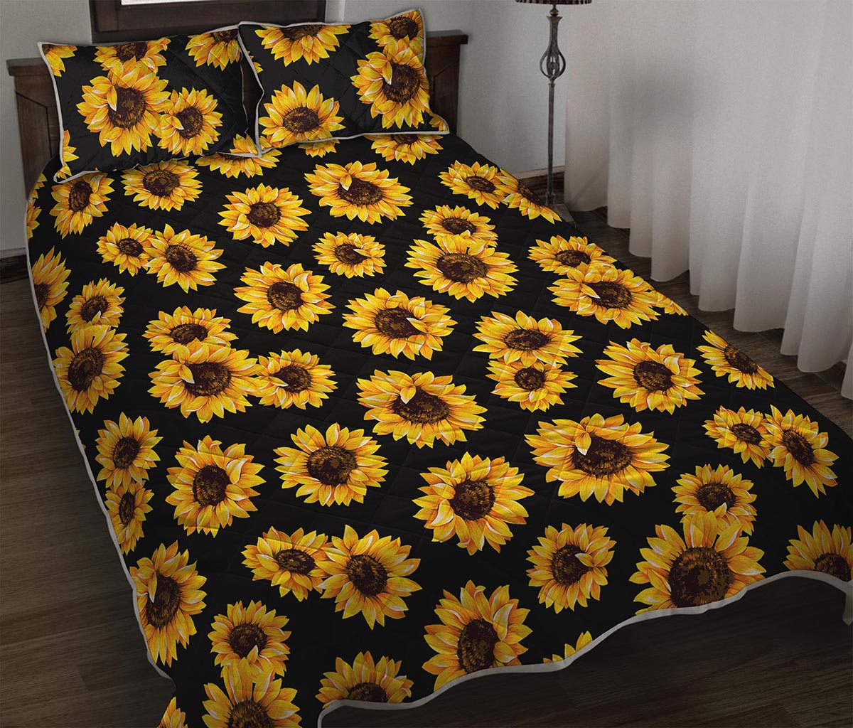 Black Sunflower Pattern Print Quilt Bed Set