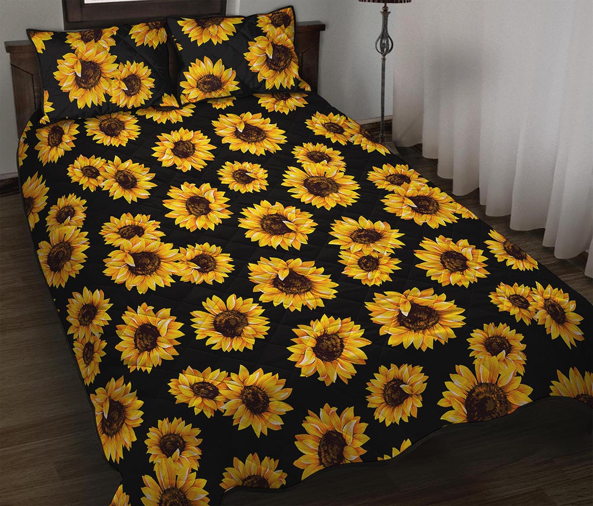 Black Sunflower Pattern Print Quilt Bed Set