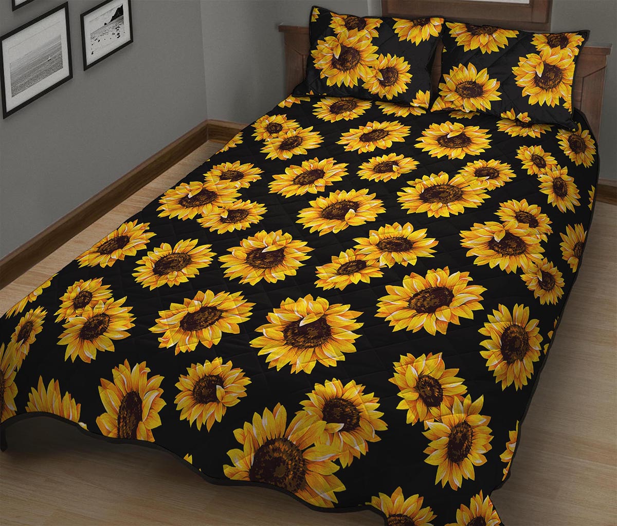 Black Sunflower Pattern Print Quilt Bed Set